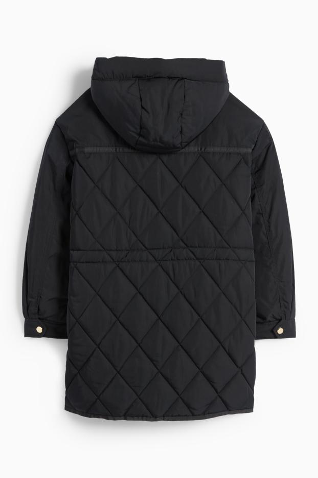 Women - Quilted coat with hood - water-repellent - black