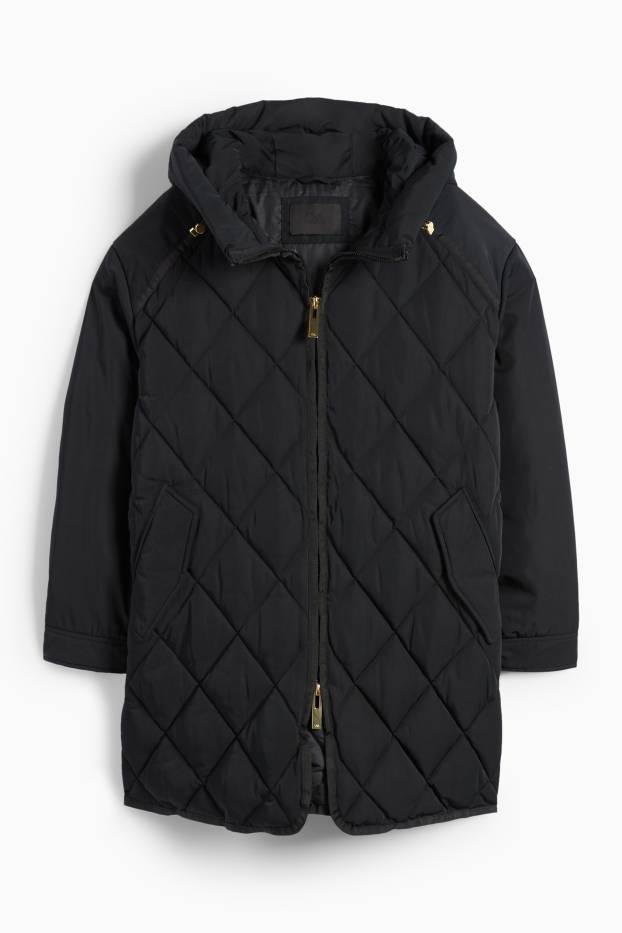 Women - Quilted coat with hood - water-repellent - black