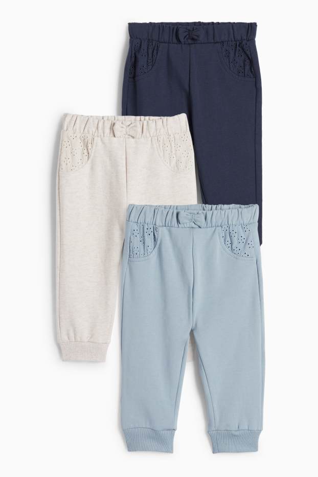 Bebés niñas - Pack de 3 - pantalones de deporte para bebé - bordado inglés - azul / beis