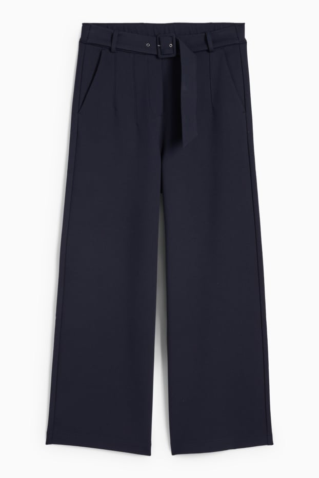 Dames - Jersey broek met ceintuur - high waist - wide leg - donkerblauw