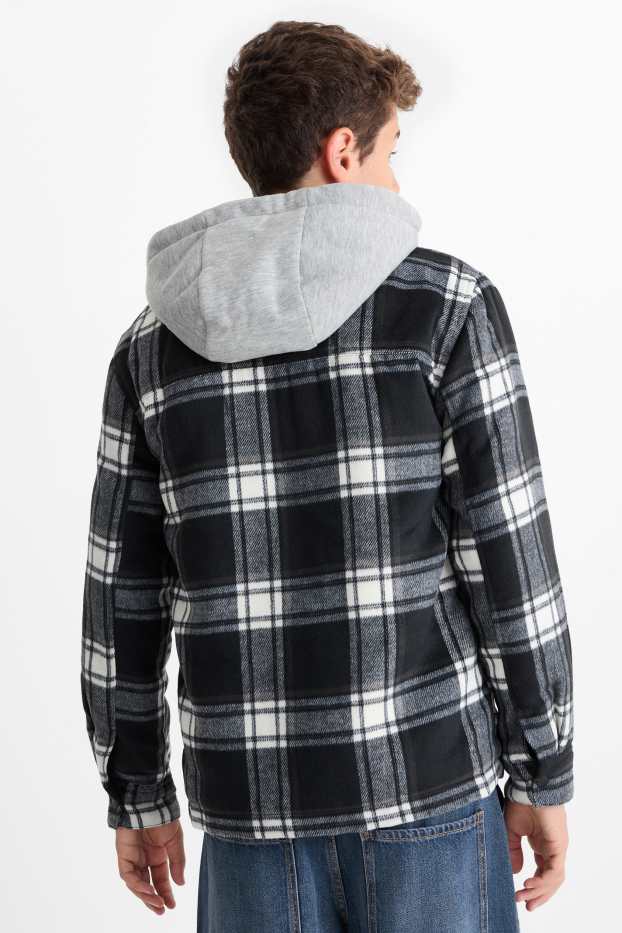 Kinder Buben - Flanell-Hemdjacke mit Kapuze - kariert - schwarz