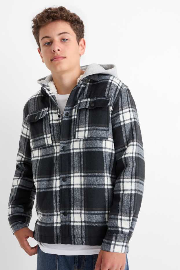 Kinder Buben - Flanell-Hemdjacke mit Kapuze - kariert - schwarz