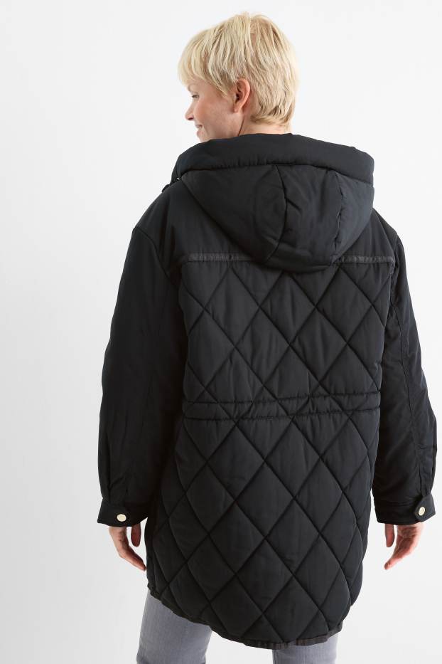 Women - Quilted coat with hood - water-repellent - black