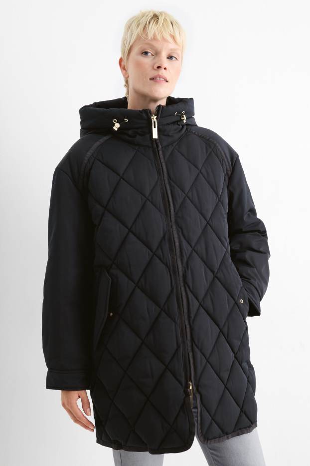 Women - Quilted coat with hood - water-repellent - black