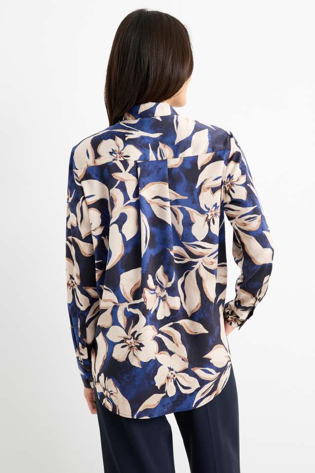 Women - Satin blouse - floral - blue / beige