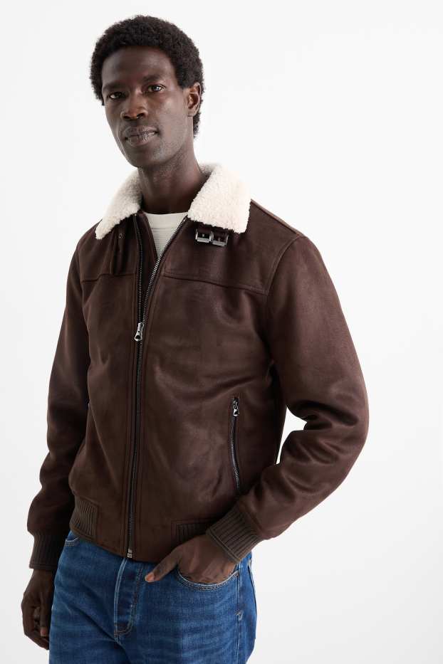 Men - Bomber jacket - faux leather - dark brown