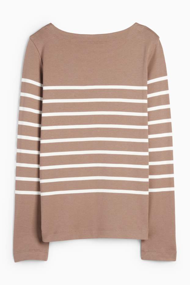 Women - Basic long sleeve top - striped - light brown