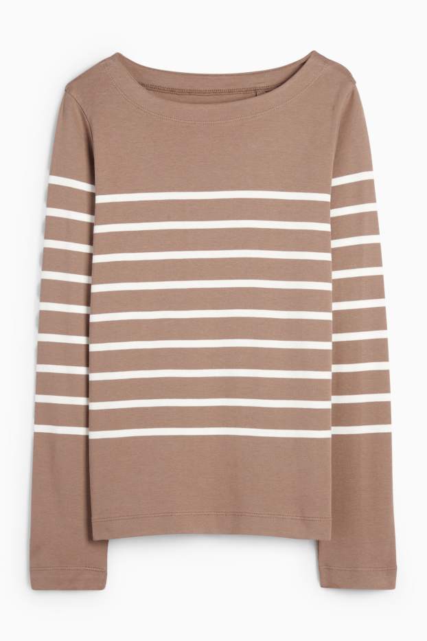 Women - Basic long sleeve top - striped - light brown