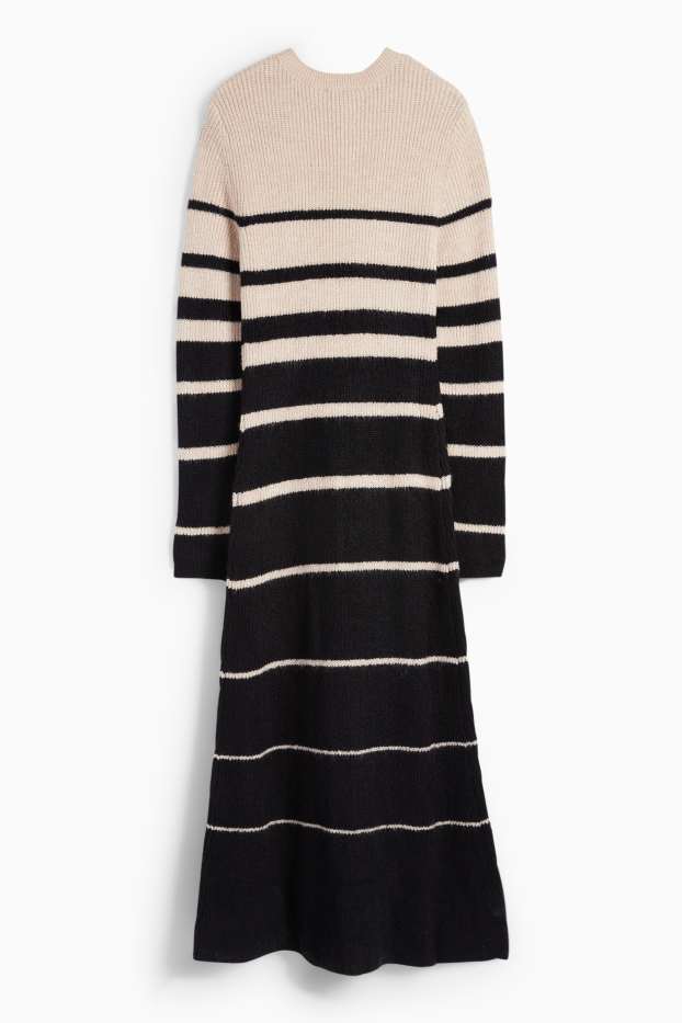 Women - Fit & flare dress - ribbed - striped - black / beige
