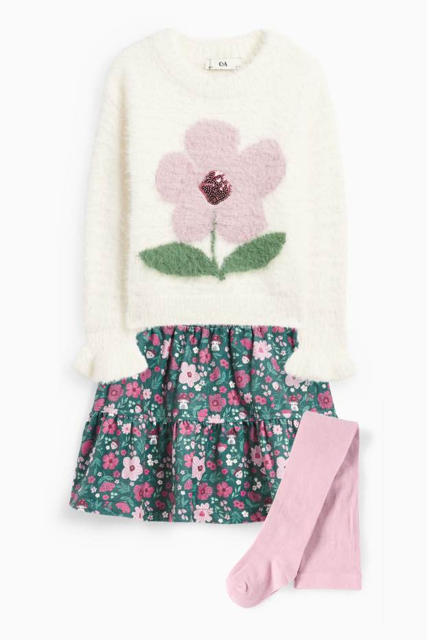 Enfants filles - Fleur - ensemble - pull, jupe et collants - 3 pièces - vert