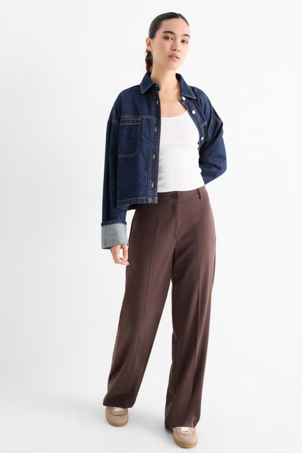 Women - Cloth trousers - low waist - wide leg - dark brown
