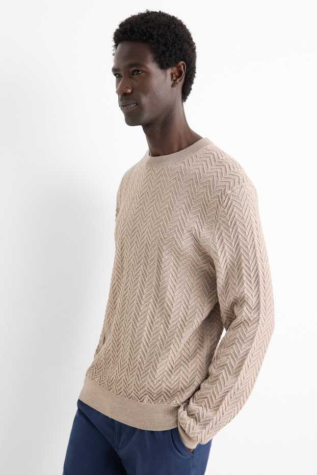 Men - Jumper - wool blend - textured - light beige