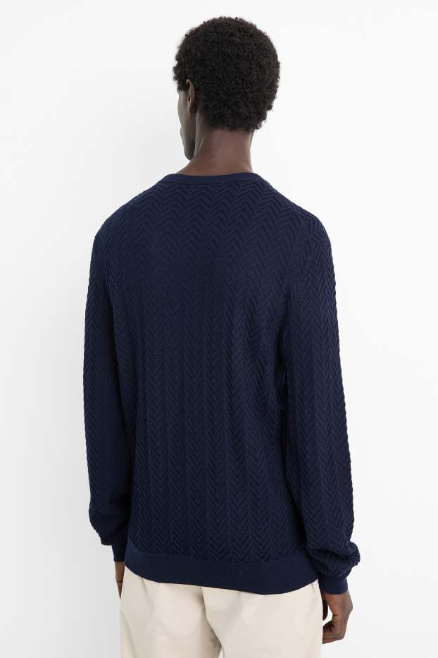 Men - Jumper - wool blend - textured - dark blue