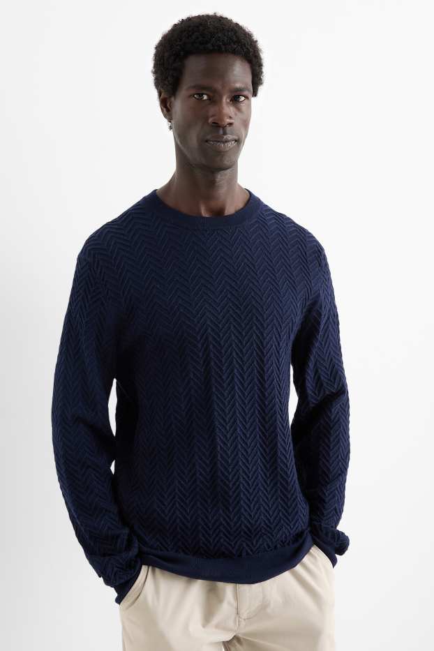 Men - Jumper - wool blend - textured - dark blue