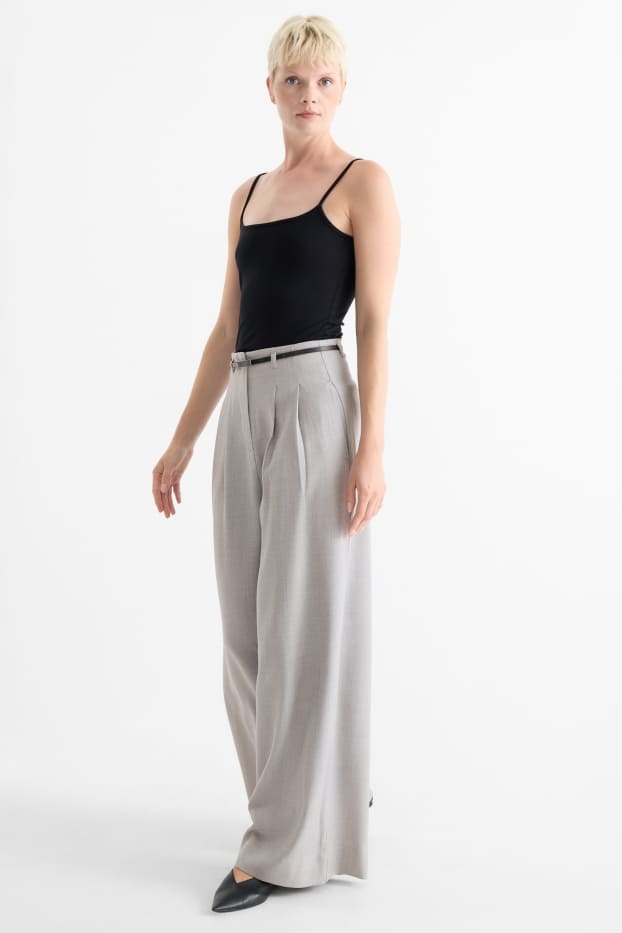 Damen - Stoffhose mit Gürtel - High Waist - Wide Leg - hellgrau