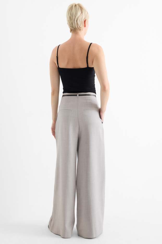 Damen - Stoffhose mit Gürtel - High Waist - Wide Leg - hellgrau