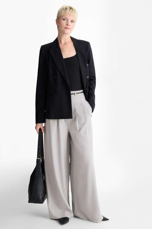 Damen - Stoffhose mit Gürtel - High Waist - Wide Leg - hellgrau
