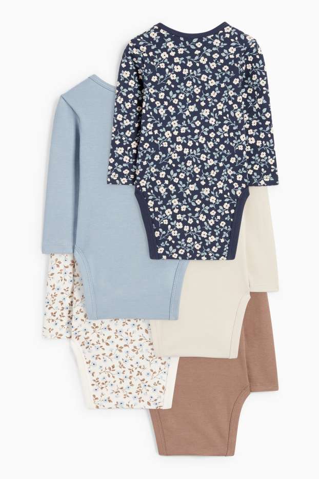 Baby: meisjes - Set van 5 - vogeltje en bloemetjes - rompertje - blauw / beige