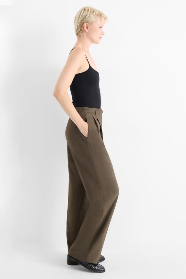 Women - Cloth trousers with belt - high-rise waist - wide leg - brown