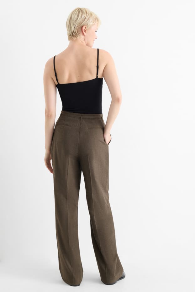 Women - Cloth trousers with belt - high-rise waist - wide leg - brown