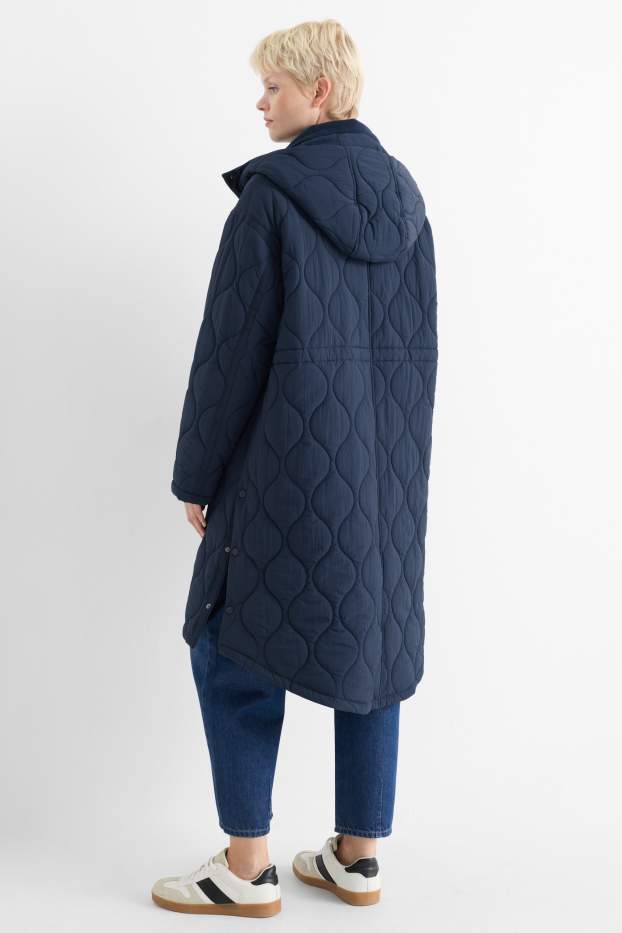 Dames - Gewatteerde mantel met capuchon - donkerblauw