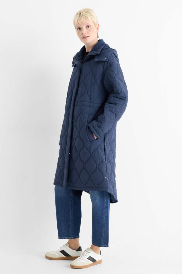 Dames - Gewatteerde mantel met capuchon - donkerblauw