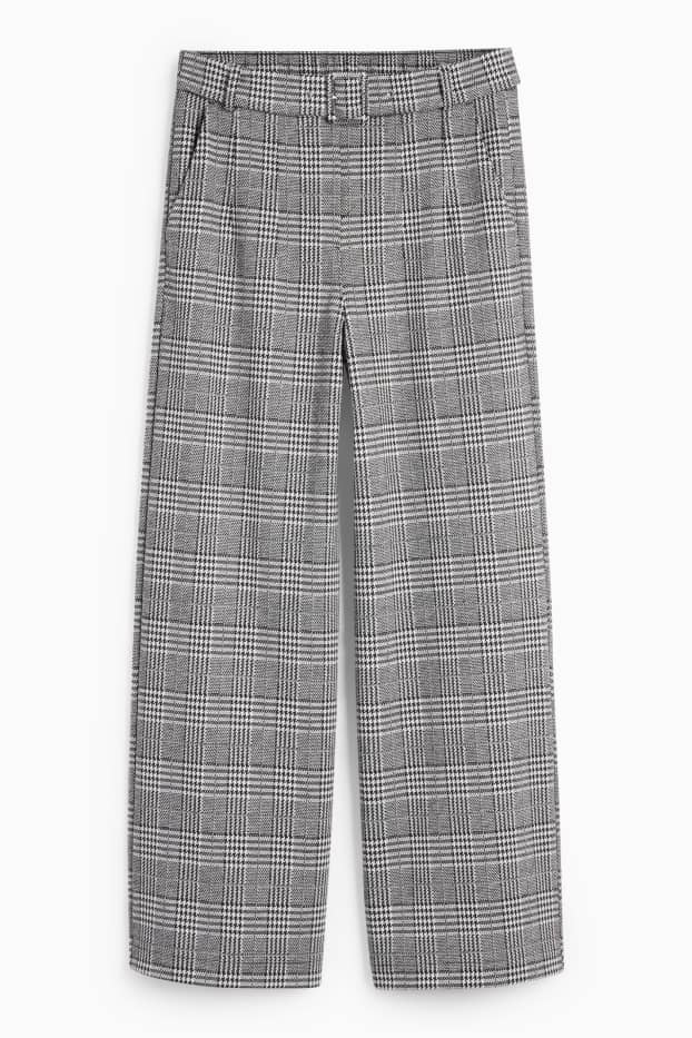 Mujer - Pantalón de jersey con cinturón - high waist - wide leg - de cuadros - negro / blanco