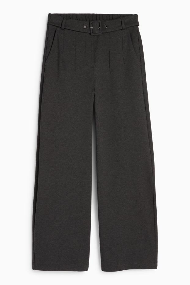 Donna - Pantaloni di jersey con cintura - vita alta - gamba larga - grigio scuro
