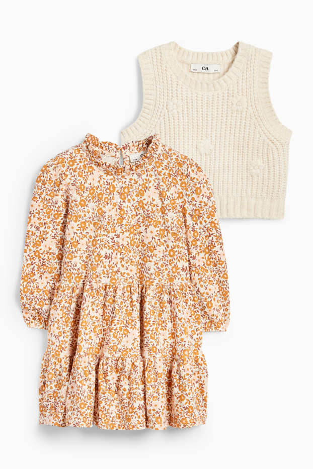 Enfants filles - Fleur - ensemble - robe et pull sans manches - 2 pièces - blanc crème