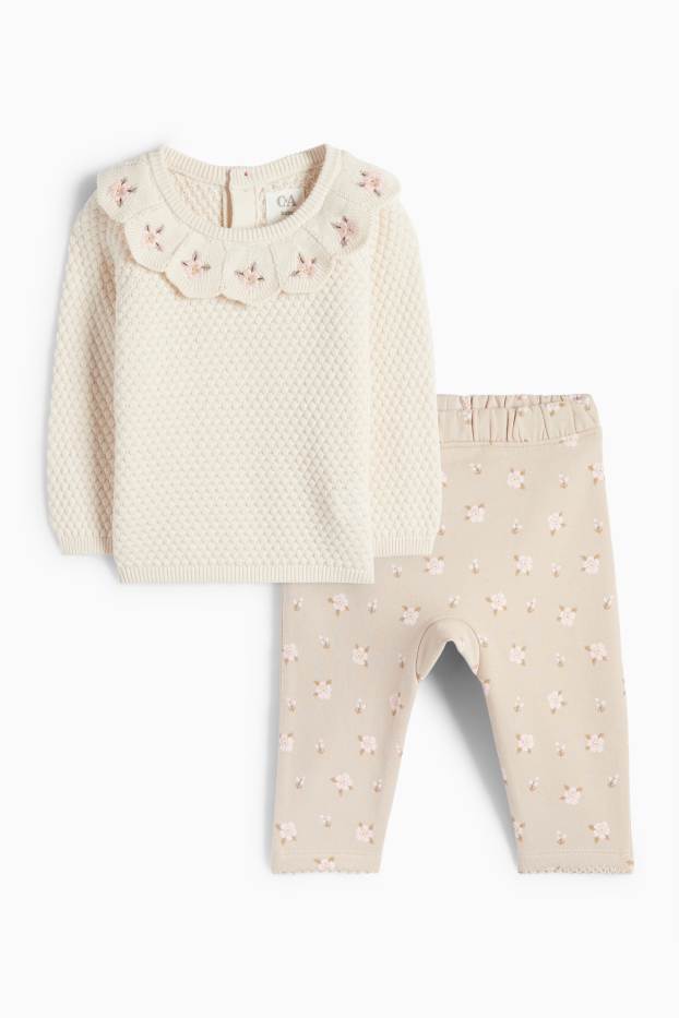 Baby: meisjes - Bloemetjes - baby-outfit - 2-delig - crème wit