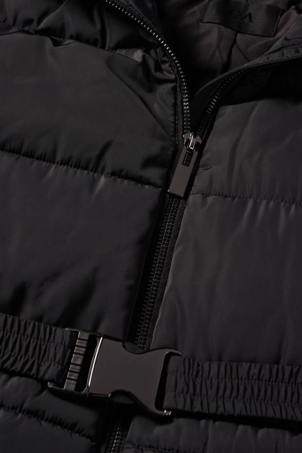 Women - Quilted coat with belt, hood and faux fur trim - black
