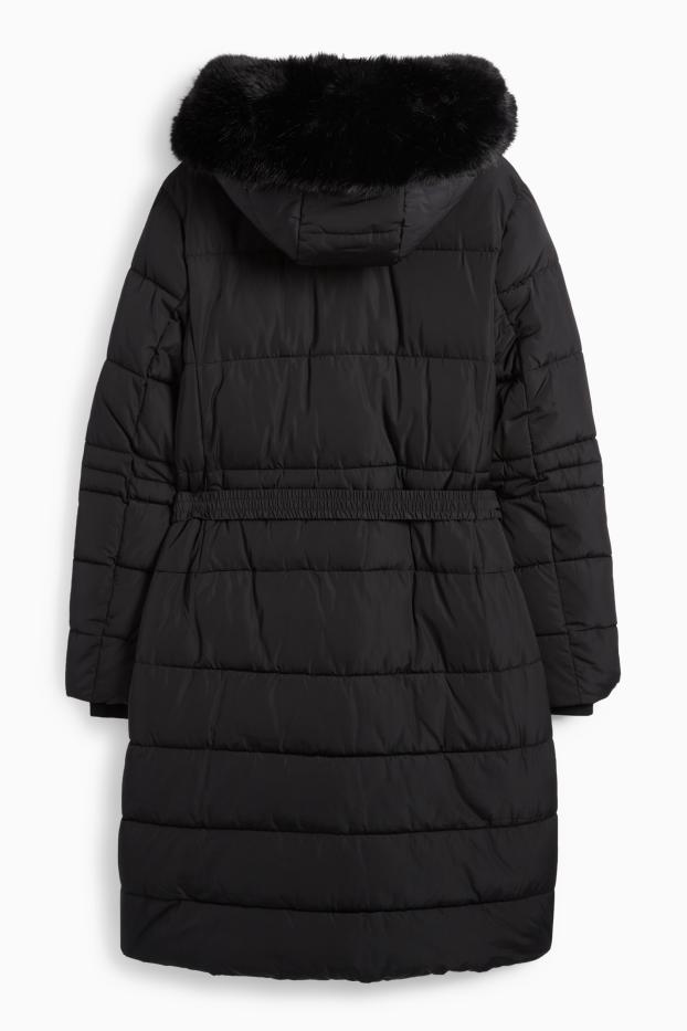 Women - Quilted coat with belt, hood and faux fur trim - black
