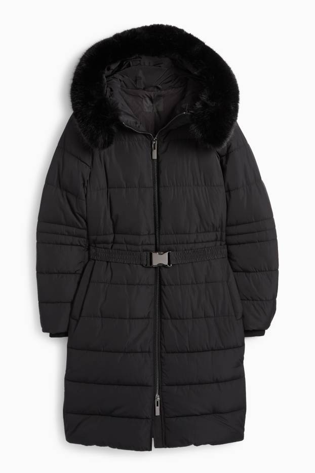 Women - Quilted coat with belt, hood and faux fur trim - black