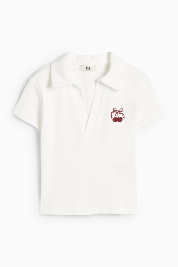 Dames - Kort poloshirt - slim fit - ribstof - wit