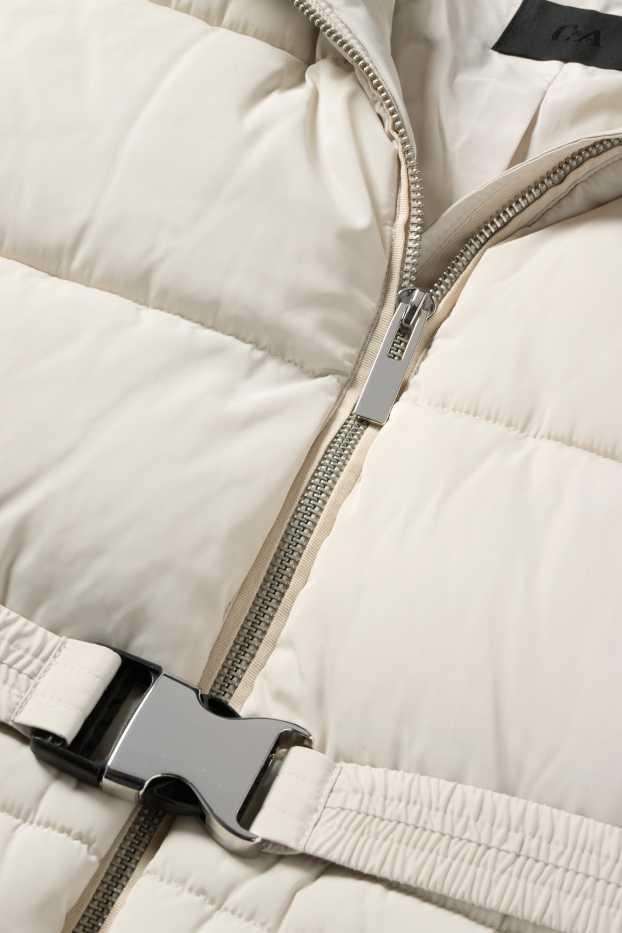 Women - Quilted jacket with belt, hood and faux fur trim - light beige