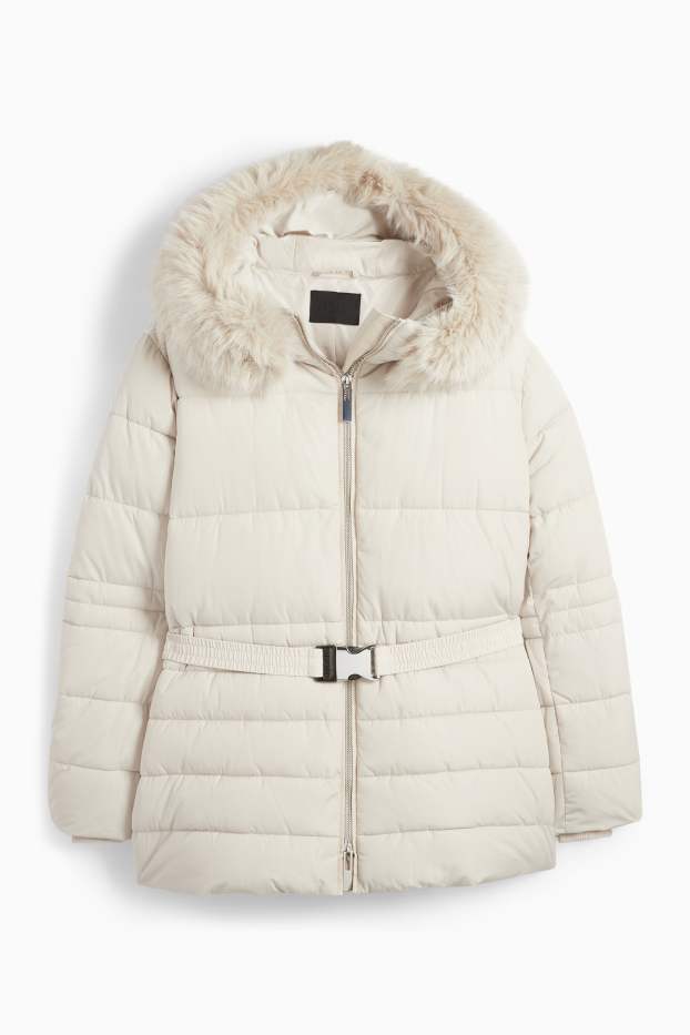 Women - Quilted jacket with belt, hood and faux fur trim - light beige