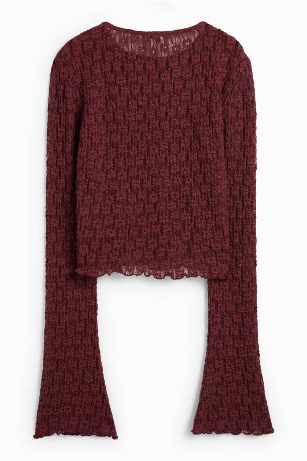 Kobiety - Krótka koszulka koronkowa z długim rękawem - slim fit - bordowy