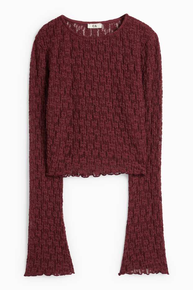 Kobiety - Krótka koszulka koronkowa z długim rękawem - slim fit - bordowy