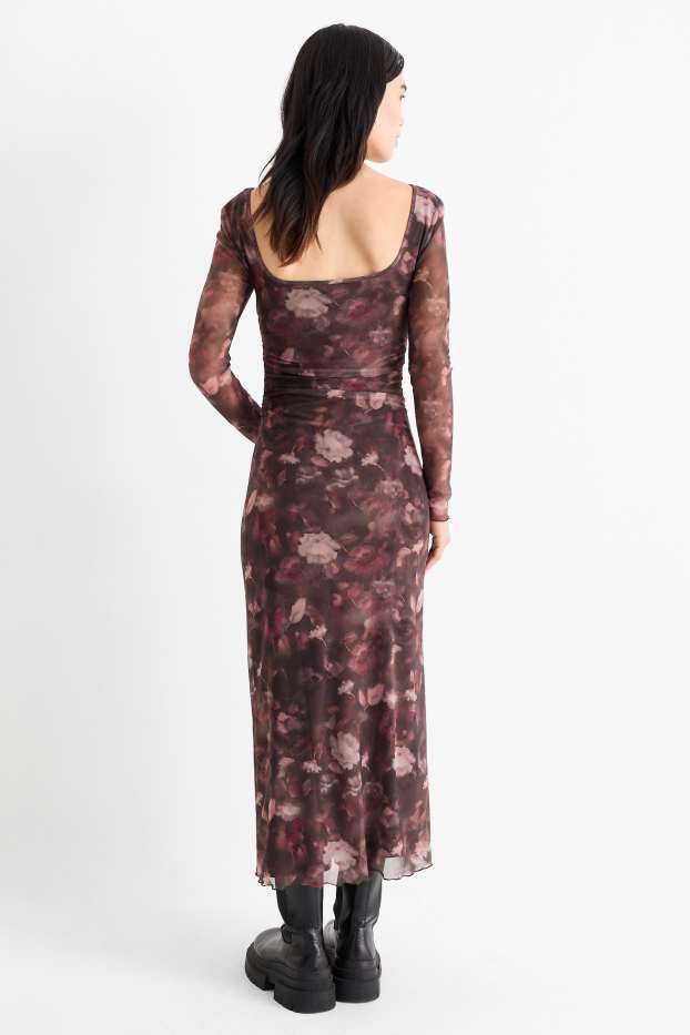 Damen - Mesh-Kleid - geblümt - dunkelbraun