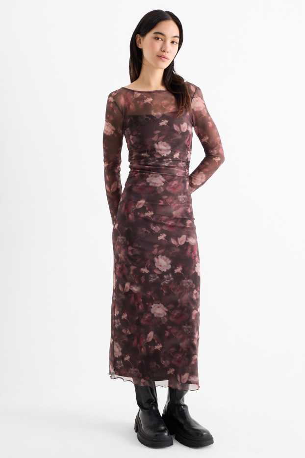 Damen - Mesh-Kleid - geblümt - dunkelbraun