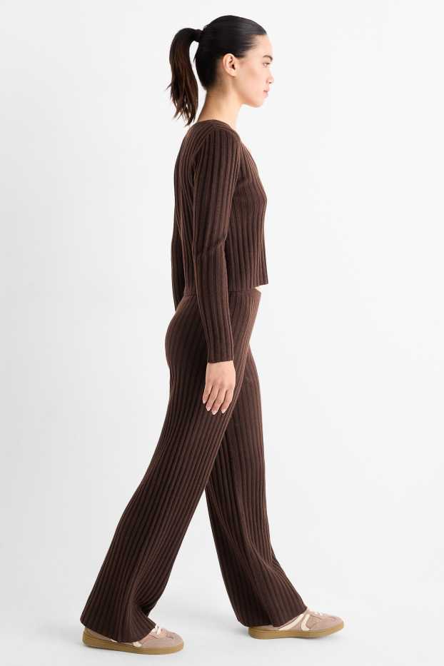 Mujer - Pantalón de punto - high waist - de canalé - marrón oscuro