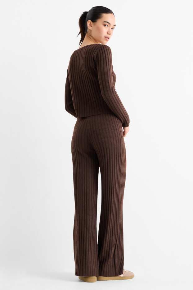 Mujer - Pantalón de punto - high waist - de canalé - marrón oscuro