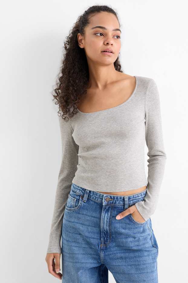 Women - Long sleeve top - ribbed - light gray-melange
