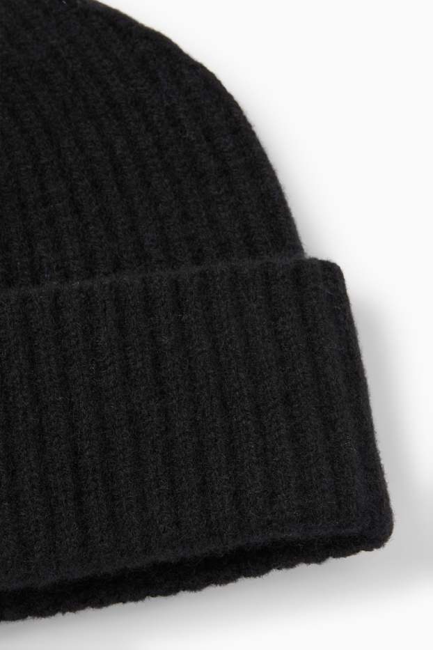 Kobiety - Kaszmirowa czapka beanie - w prążki - czarny