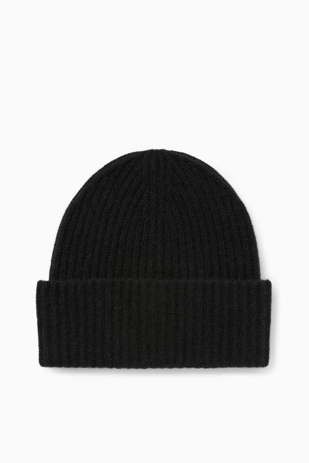 Kobiety - Kaszmirowa czapka beanie - w prążki - czarny
