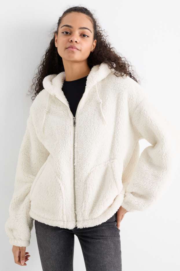 Mujer - Chaqueta de borreguillo con capucha - blanco