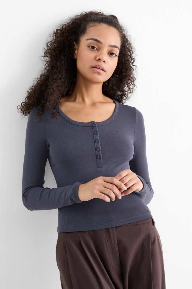 Dames - Kort Henley-shirt - slim fit - donkerblauw
