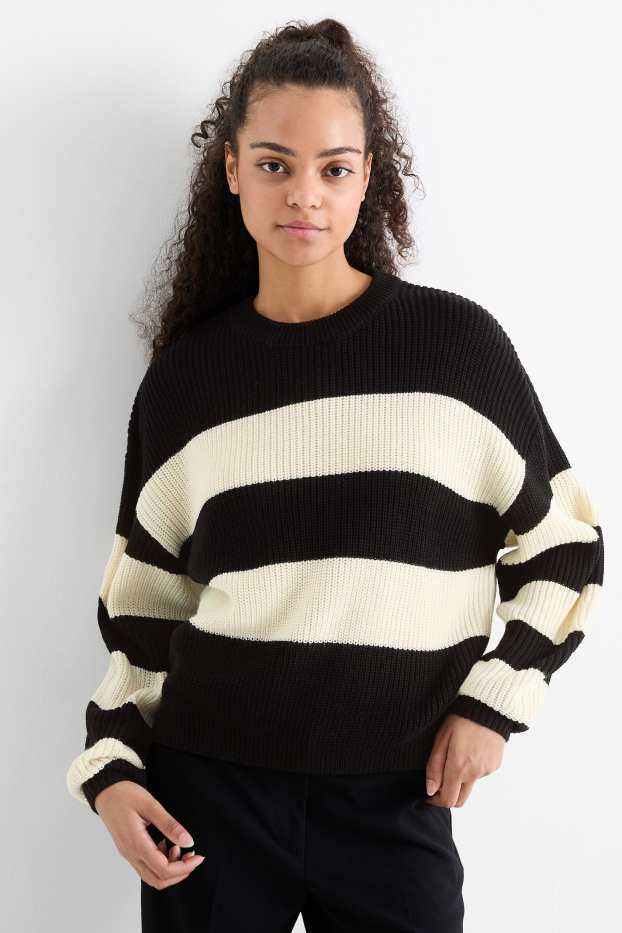 Donna - Maglione - a coste - a righe - nero / bianco