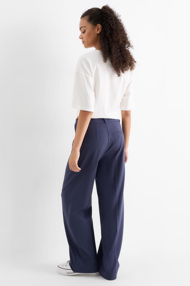 Women - Cloth trousers - low waist - wide leg - dark blue