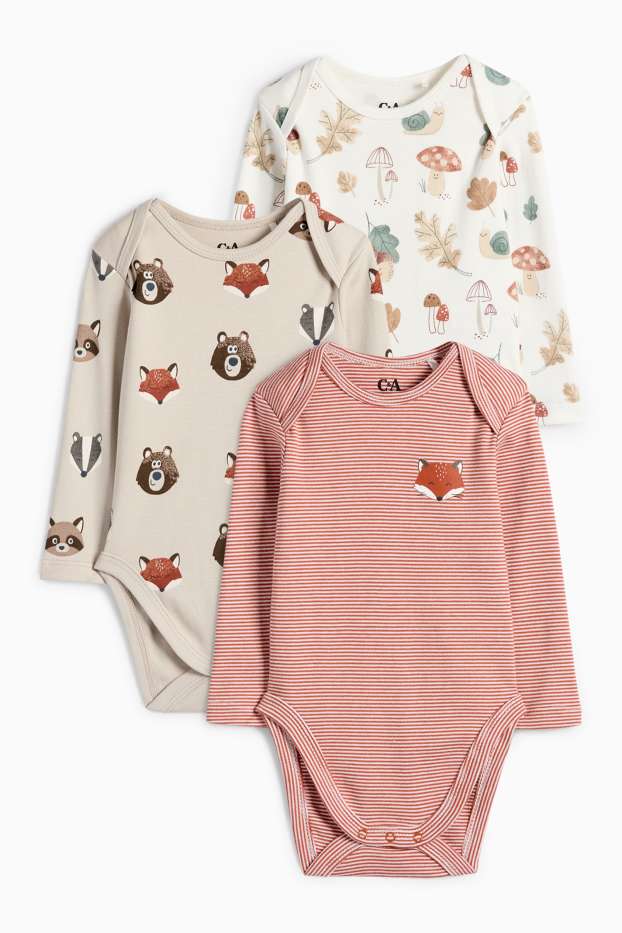 Unisex - Multipack 3er - Wald und Wildtiere - Baby-Body - beige